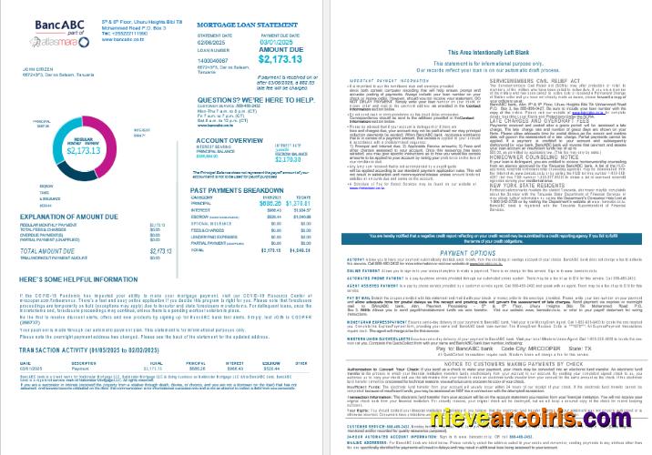 Tanzania BancABC bank mortgage loan statement, 4 pages 1-2